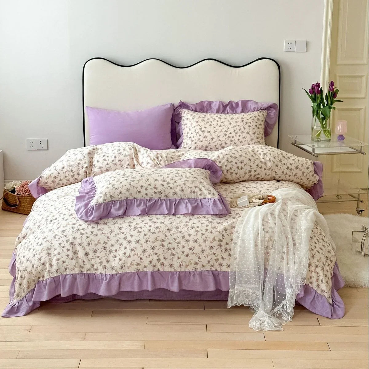 Duvet Cover Set Cotton Percale Reversible Floral & Ruffle Trim