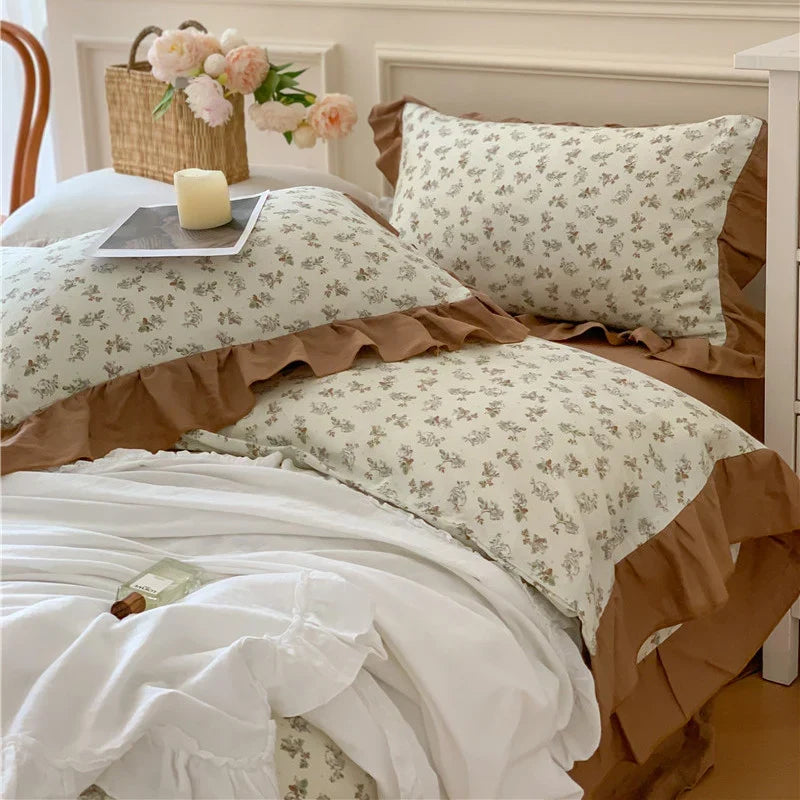 Duvet Cover Set Cotton Percale Reversible Floral & Ruffle Trim