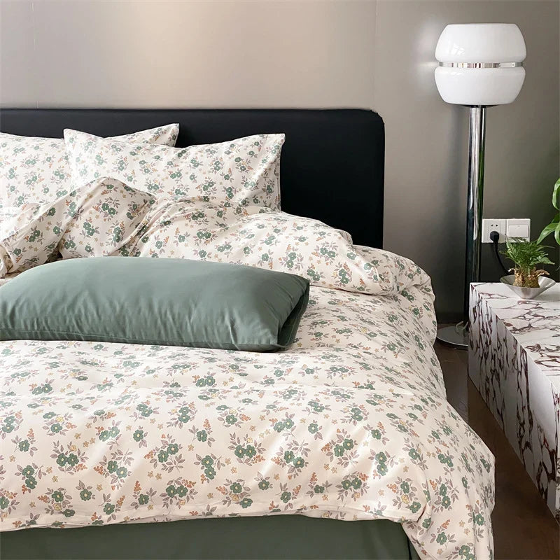 Duvet Cover Set Cotton Percale Reversible Wildflower Print 4-Piece