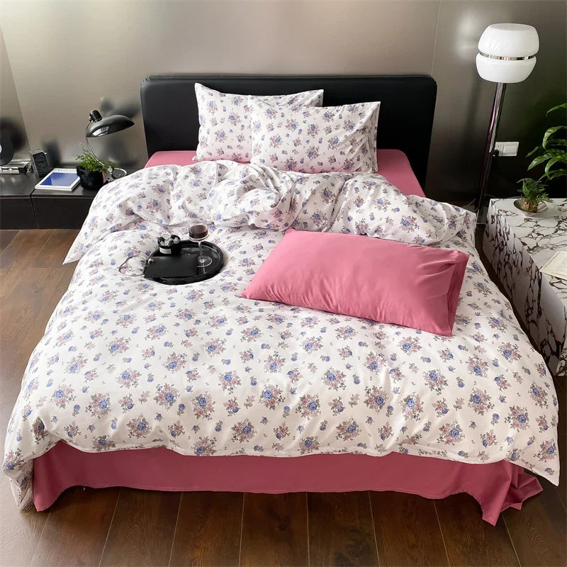 Duvet Cover Set Cotton Percale Reversible Wildflower Print 4-Piece