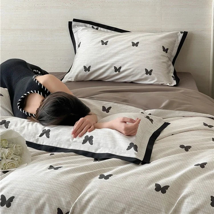 Duvet Cover Set Cotton Satin Butterfly Motif Four-Piece