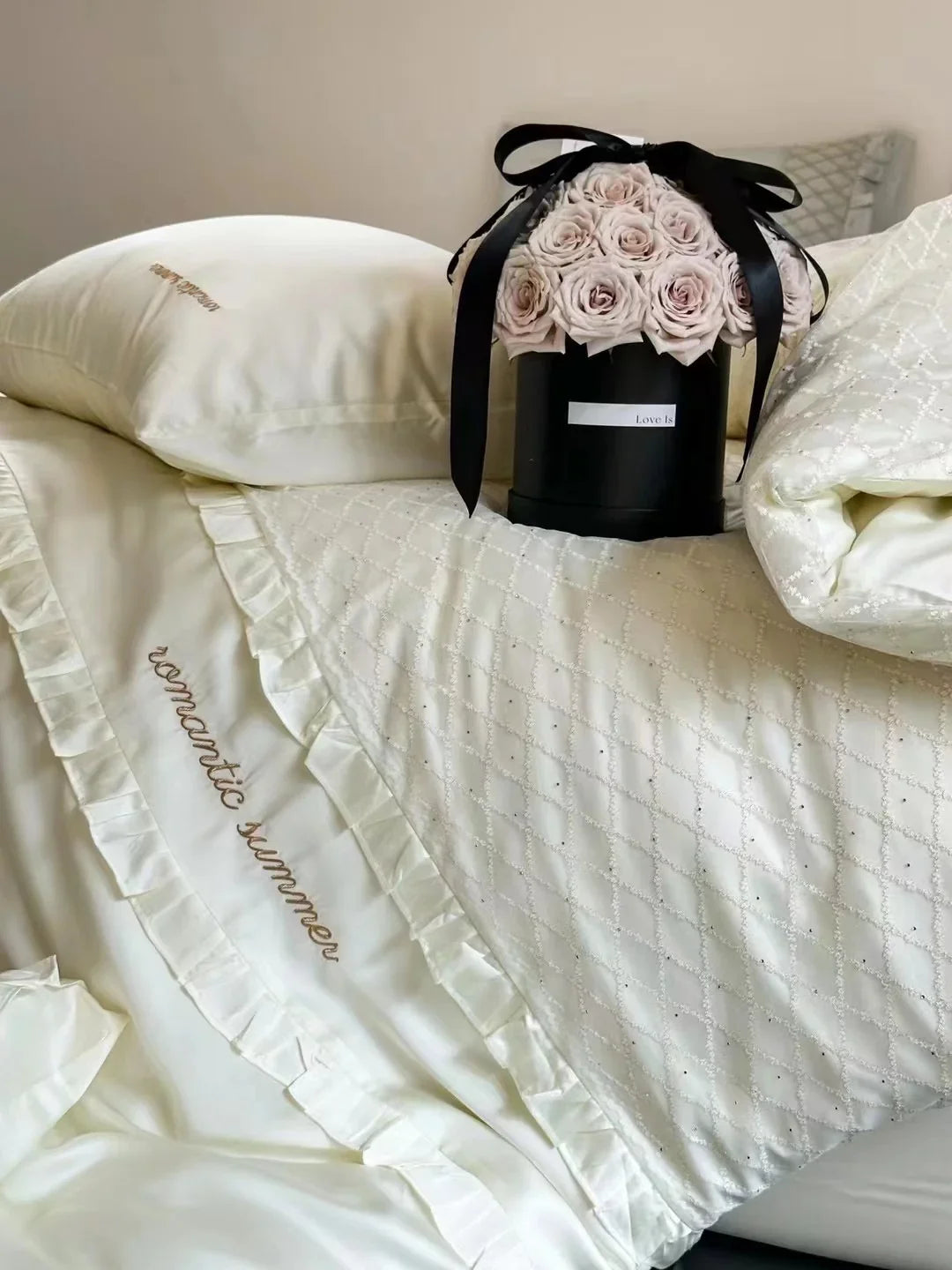 Duvet Cover Set Cotton Satin Diamond-Quilted Breathable