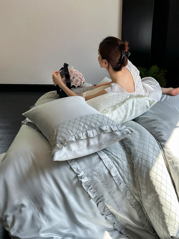 Duvet Cover Set Cotton Satin Diamond-Quilted Breathable