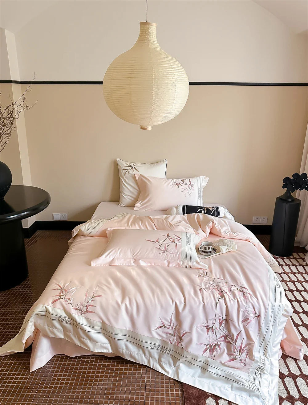 Duvet Cover Set Cotton Satin Embroidered Bamboo & Pillowcases