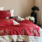 Duvet Cover Set Cotton Satin Embroidered Bamboo & Pillowcases