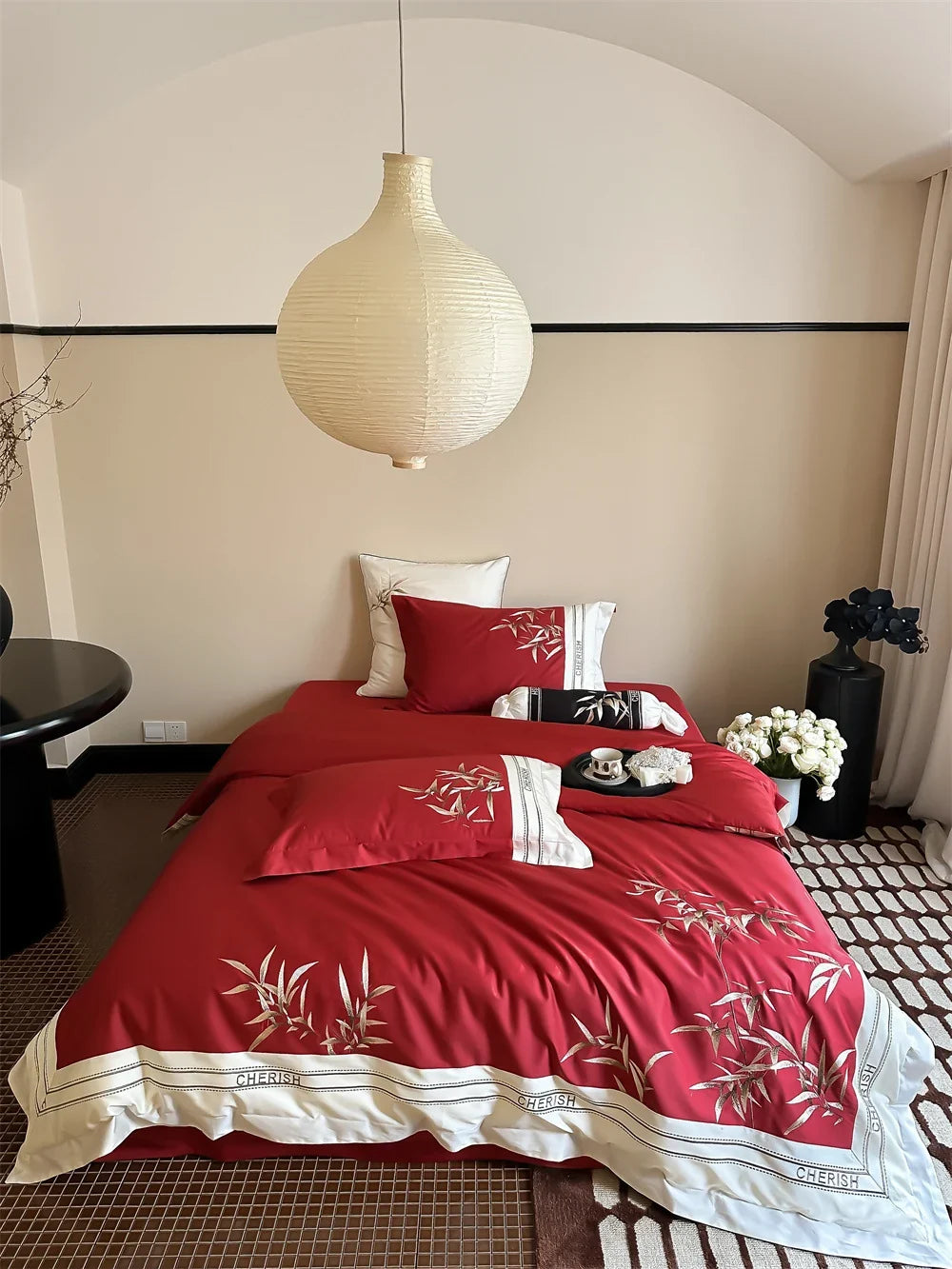 Duvet Cover Set Cotton Satin Embroidered Bamboo & Pillowcases