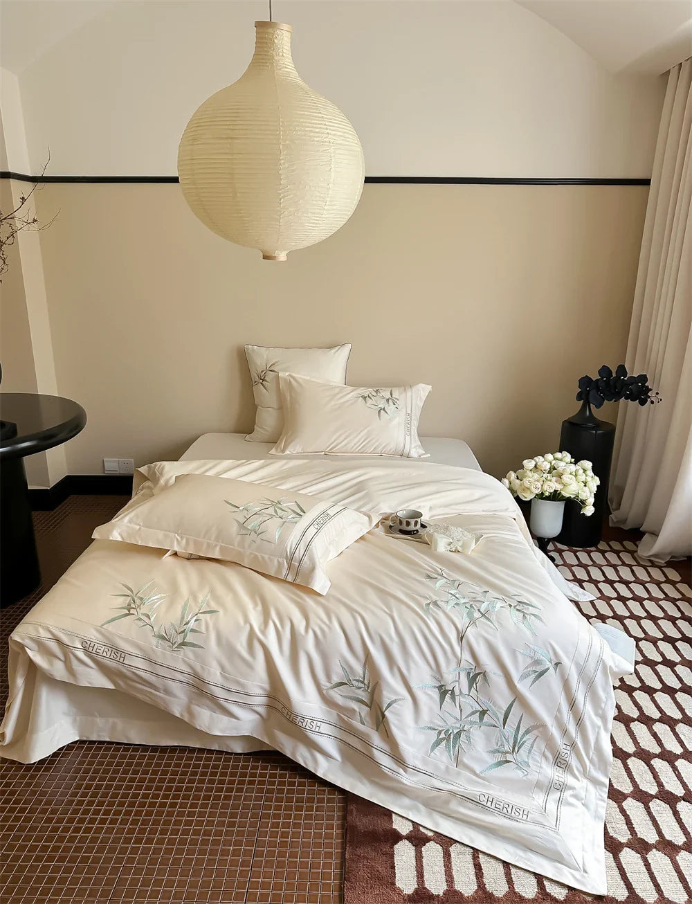 Duvet Cover Set Cotton Satin Embroidered Bamboo & Pillowcases