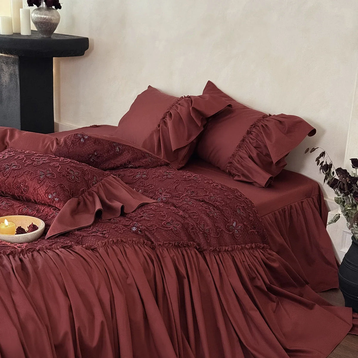 Duvet Cover Set Cotton Satin Embroidered Floral Ruffled Edges