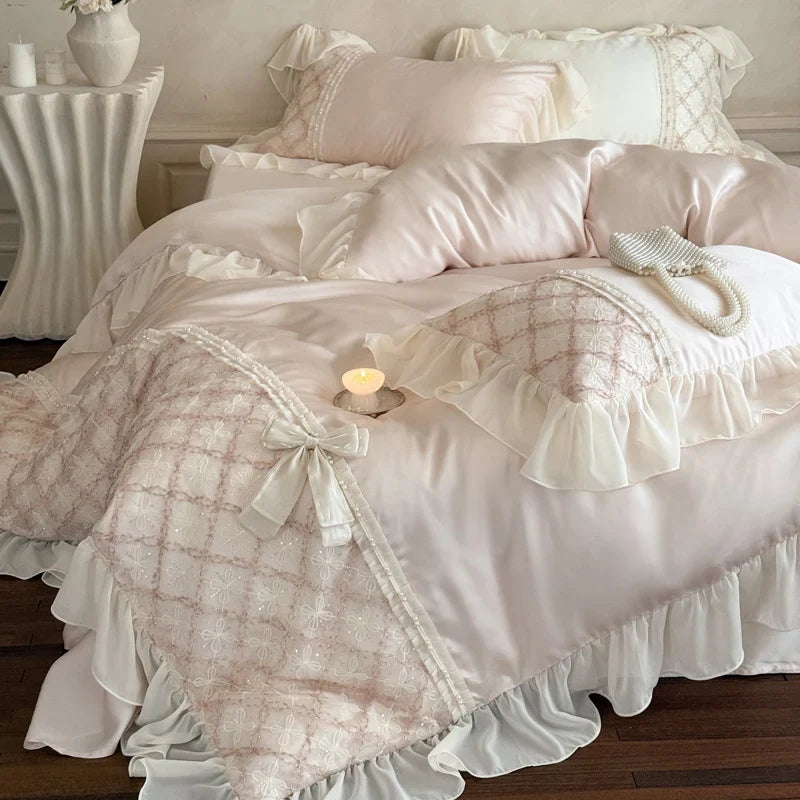 Duvet Cover Set Cotton Satin Embroidered Lace & Ruffles