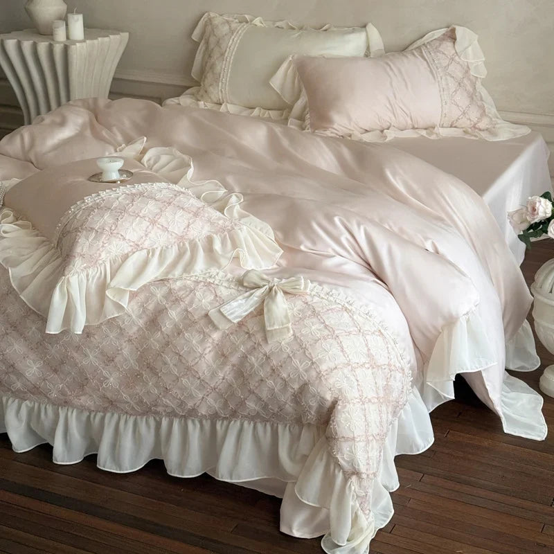 Duvet Cover Set Cotton Satin Embroidered Lace & Ruffles