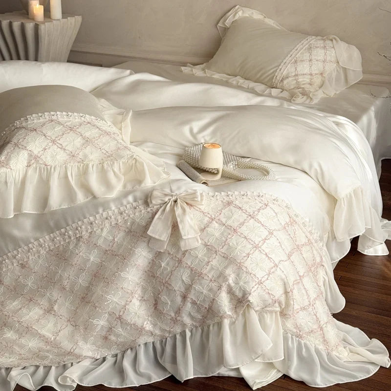 Duvet Cover Set Cotton Satin Embroidered Lace & Ruffles