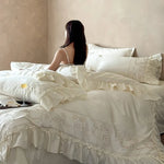 Duvet Cover Set Cotton Satin Embroidered Ruffle Hem