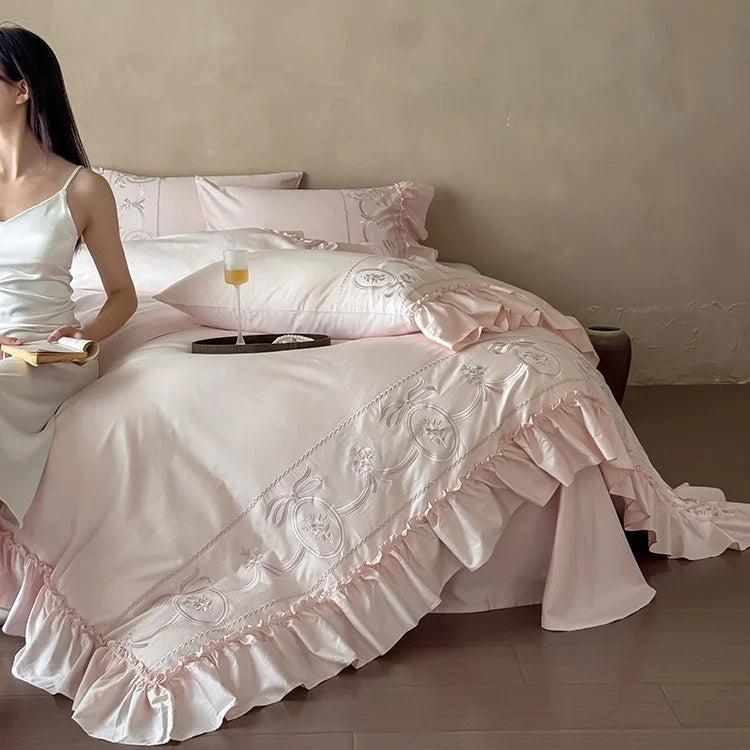 Duvet Cover Set Cotton Satin Embroidered Ruffle Hem