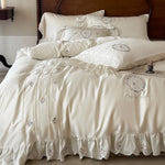 Duvet Cover Set Cotton Satin Embroidered Ruffled Hem 4-Piece