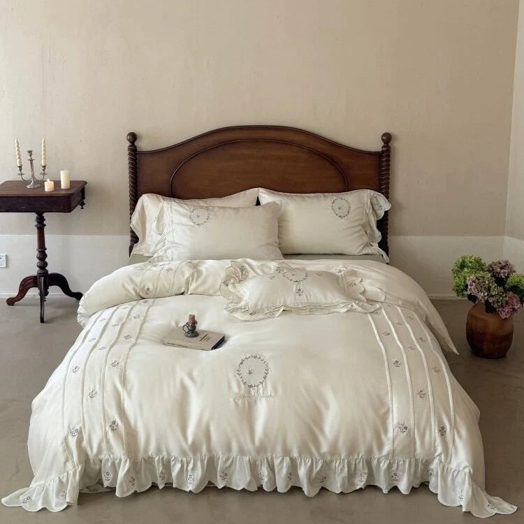 Duvet Cover Set Cotton Satin Embroidered Ruffled Hem 4-Piece