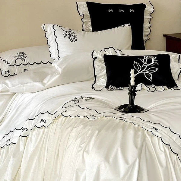 Duvet Cover Set Cotton Satin Embroidered & Ruffled Trim