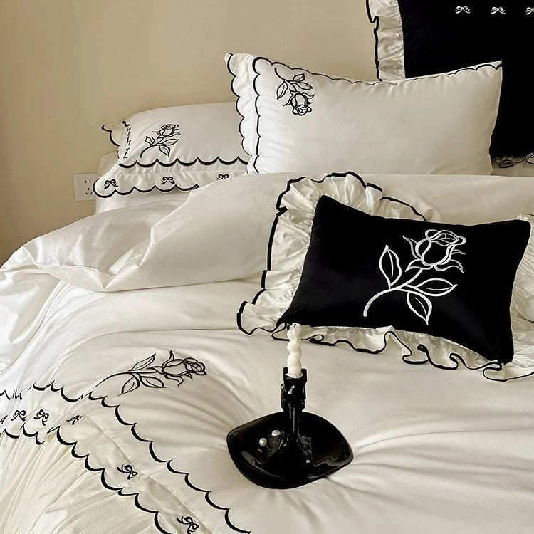 Duvet Cover Set Cotton Satin Embroidered & Ruffled Trim