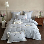 Duvet Cover Set Cotton Satin Embroidered Wildflower Hidden Zipper