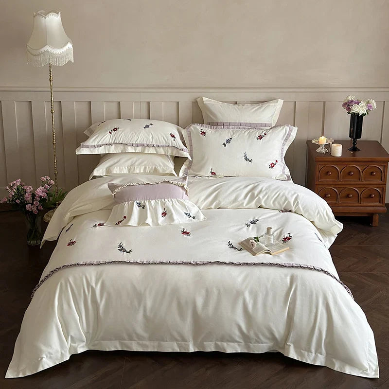 Duvet Cover Set Cotton Satin Embroidered Wildflower Hidden Zipper