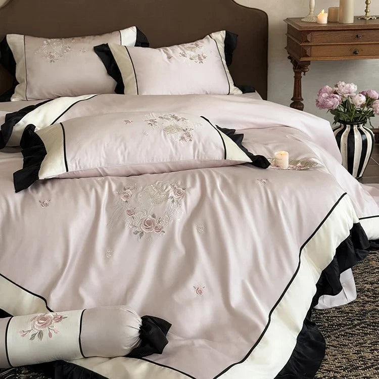 Duvet Cover Set Cotton Satin Floral Embroidery