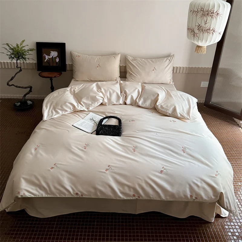 Duvet Cover Set Cotton Satin Floral Embroidery 4-Piece