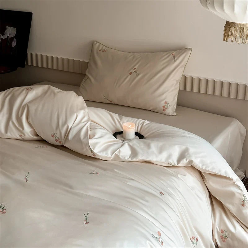 Duvet Cover Set Cotton Satin Floral Embroidery 4-Piece