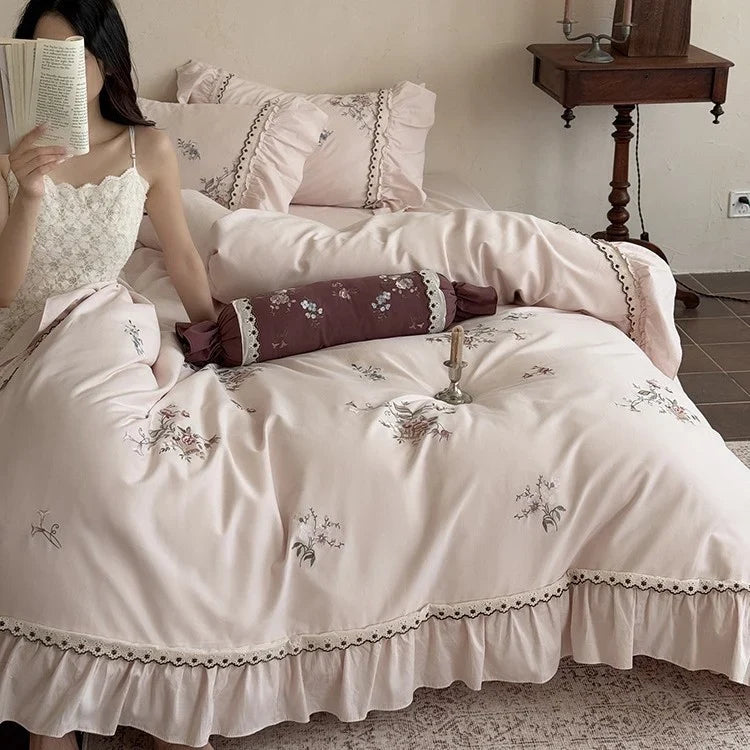 Duvet Cover Set Cotton Satin Floral Embroidery 4-Piece Set
