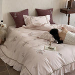 Duvet Cover Set Cotton Satin Floral Embroidery 4-Piece Set