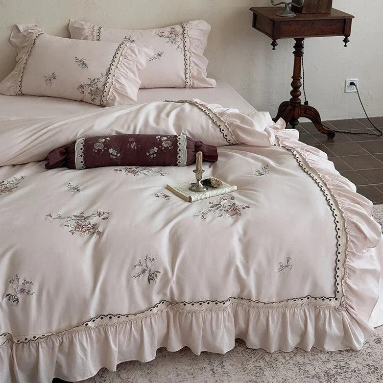 Duvet Cover Set Cotton Satin Floral Embroidery 4-Piece Set