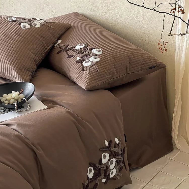 Duvet Cover Set Cotton Satin Floral Embroidery Hidden Zipper