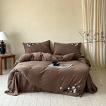 Duvet Cover Set Cotton Satin Floral Embroidery Hidden Zipper