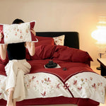 Duvet Cover Set Cotton Satin Floral Embroidery Hotel-Style Closure