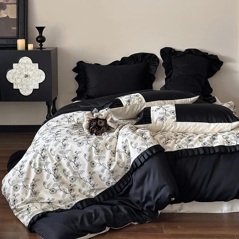 Duvet Cover Set Cotton Satin Floral Embroidery Machine-Washable