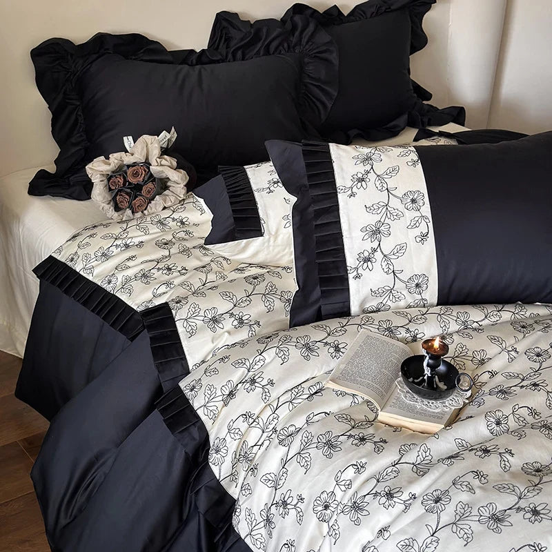 Duvet Cover Set Cotton Satin Floral Embroidery Machine-Washable