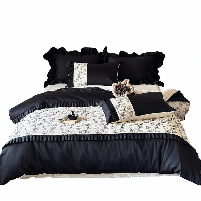 Duvet Cover Set Cotton Satin Floral Embroidery Machine-Washable