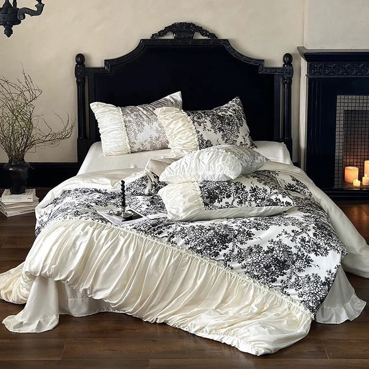 Duvet Cover Set Cotton Satin Floral Toile 4-Piece