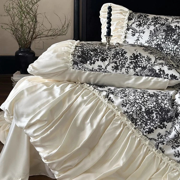 Duvet Cover Set Cotton Satin Floral Toile 4-Piece