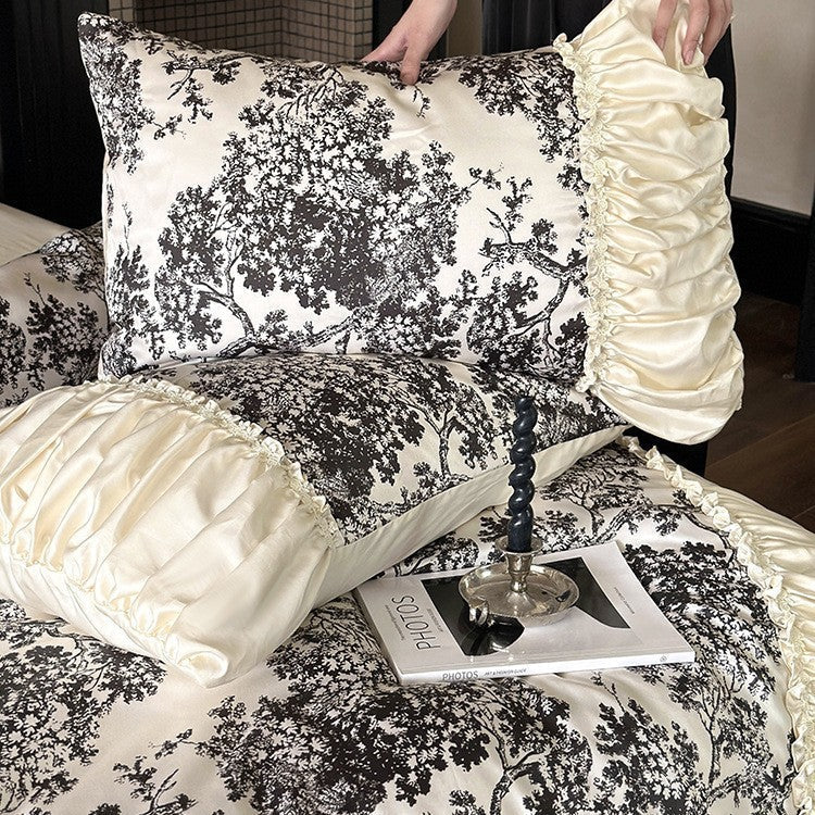 Duvet Cover Set Cotton Satin Floral Toile 4-Piece