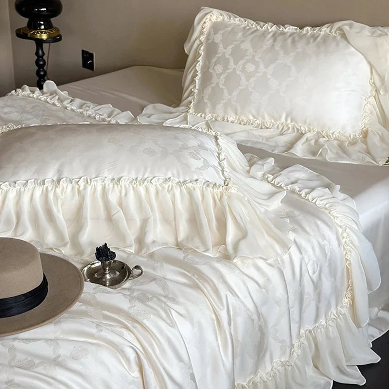 Duvet Cover Set Cotton Satin Jacquard Ruffle Trim 4-Piece Set