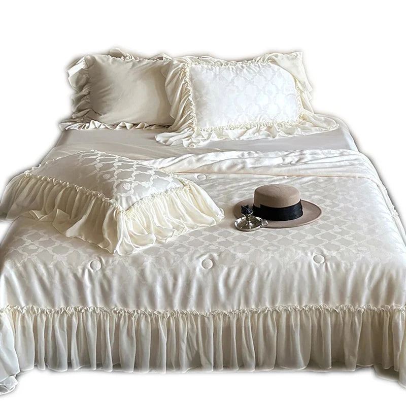 Duvet Cover Set Cotton Satin Jacquard Ruffle Trim 4-Piece Set