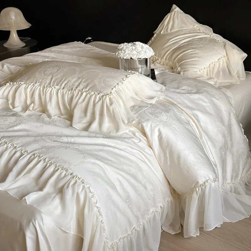 Duvet Cover Set Cotton Satin Jacquard Ruffled Edges