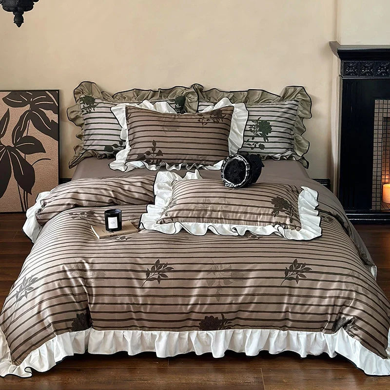 Duvet Cover Set Cotton Satin Jacquard Ruffled Edges