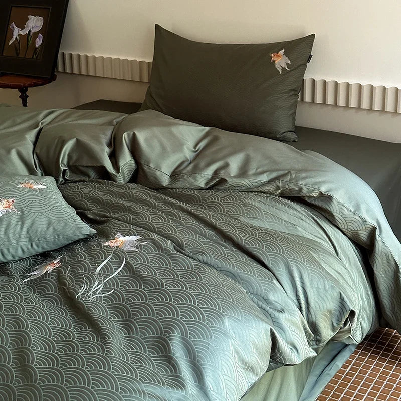 Duvet Cover Set Cotton Satin Koi Embroidery