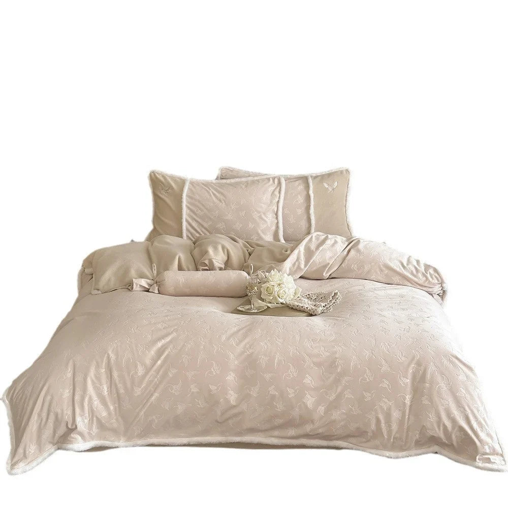 Duvet Cover Set Cotton Satin Minimal Embroidery Sherpa Edge