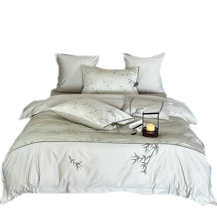 Duvet Cover Set Cotton Satin Reversible Bamboo Print 4-Piece