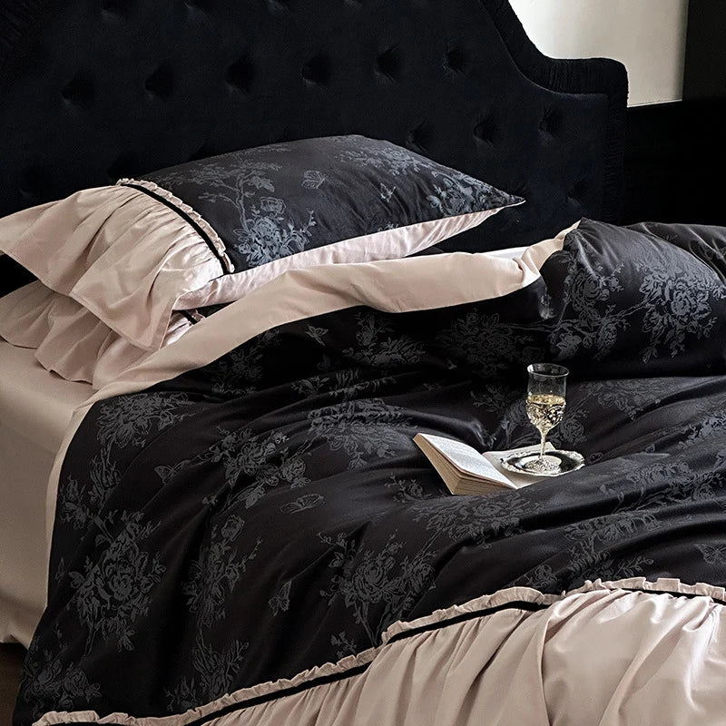 Duvet Cover Set Cotton Satin Reversible Floral Jacquard