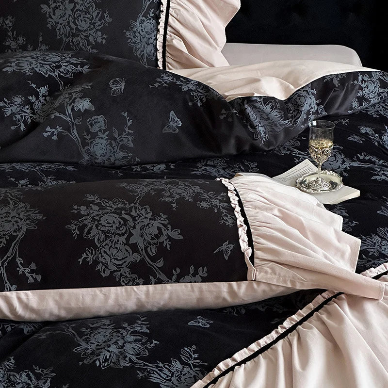 Duvet Cover Set Cotton Satin Reversible Floral Jacquard