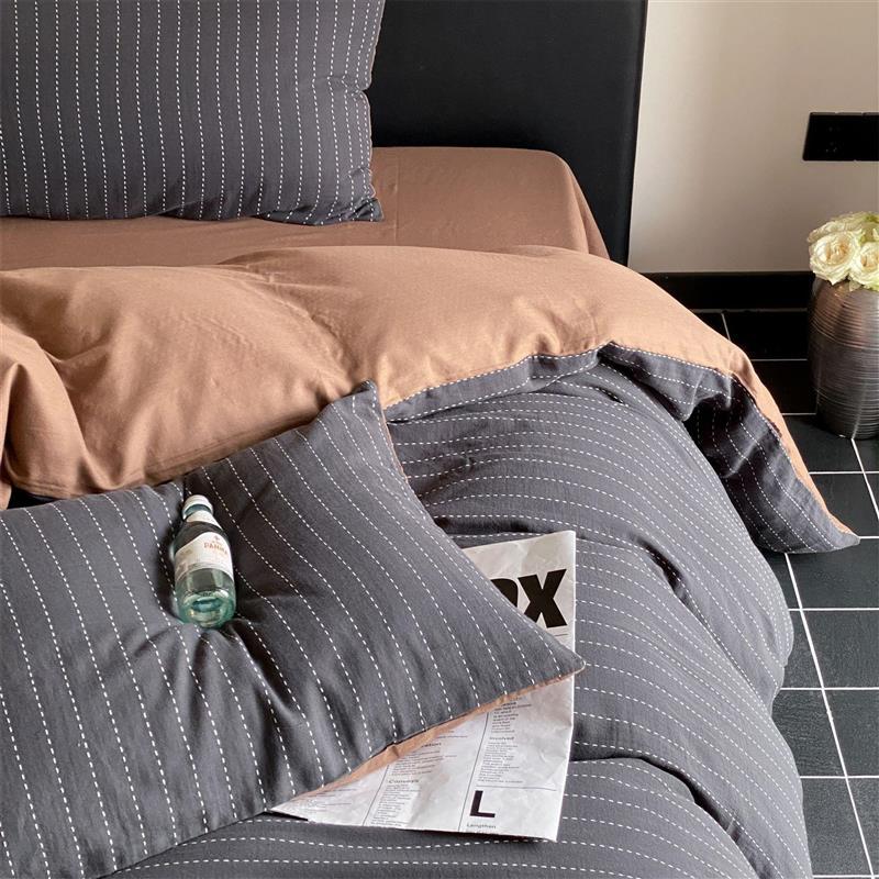 Duvet Cover Set Cotton Satin Reversible Quilted Stripe