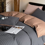 Duvet Cover Set Cotton Satin Reversible Quilted Stripe