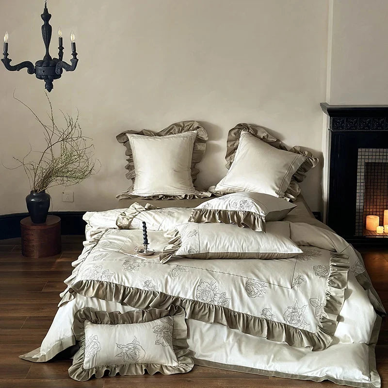 Duvet Cover Set Cotton Satin Rose Embroidery & Double Ruffle